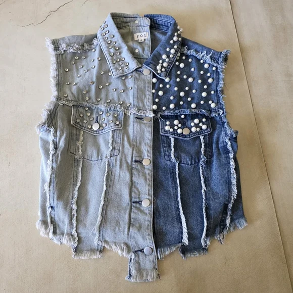 POL Mixed Wash Pearl & Rhinestone Distressed Denim Vest - Picture 3 of 12